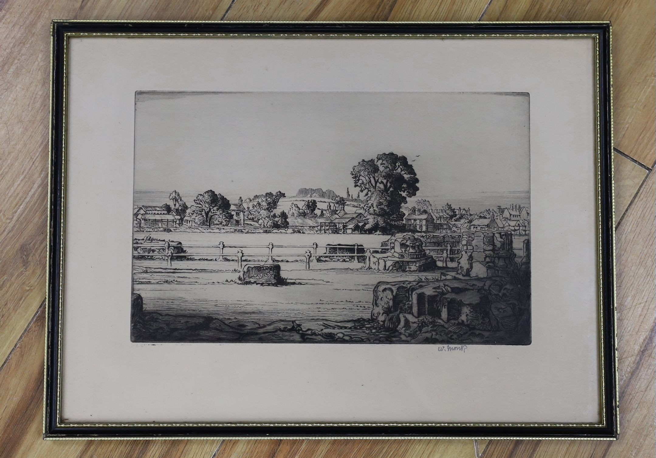 William Monk (1863-1937), drypoint etching, English landscape with ruins, signed in pencil, 18 x 28cm